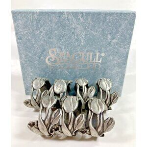 Seagull Pewter Metal  7 Tulip Floral Napkin Rings Vintage Canada 1990